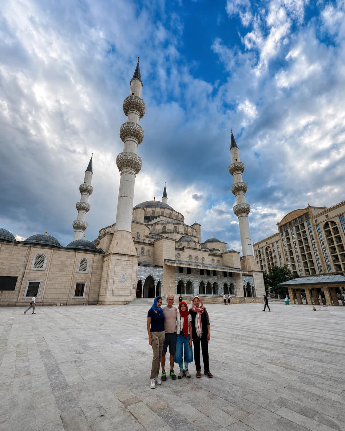 Travellers outside the Central Mosque in Bishkek