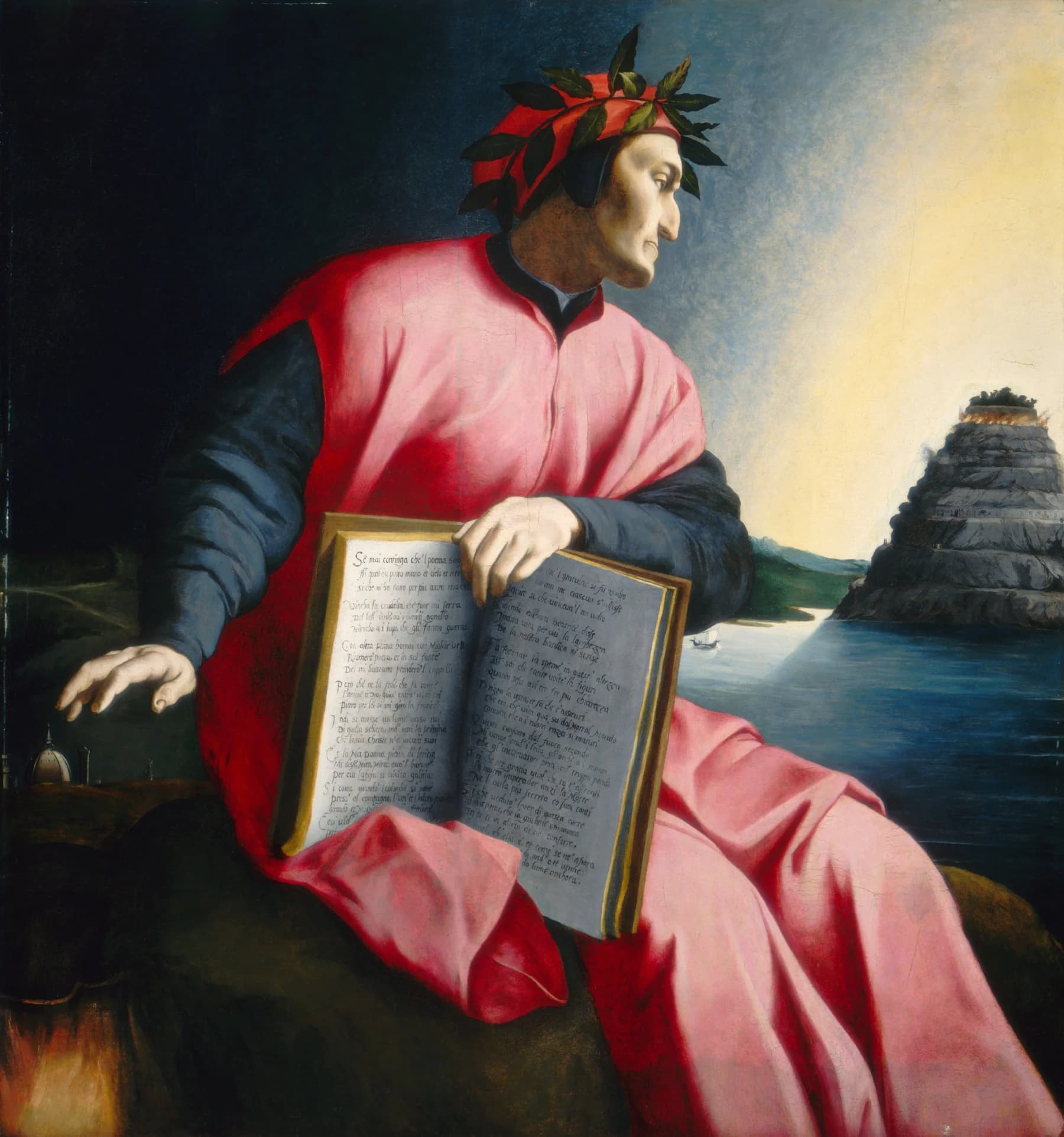 Portrait of Dante Alighieri holding an open book, evoking his literary journey through Italy