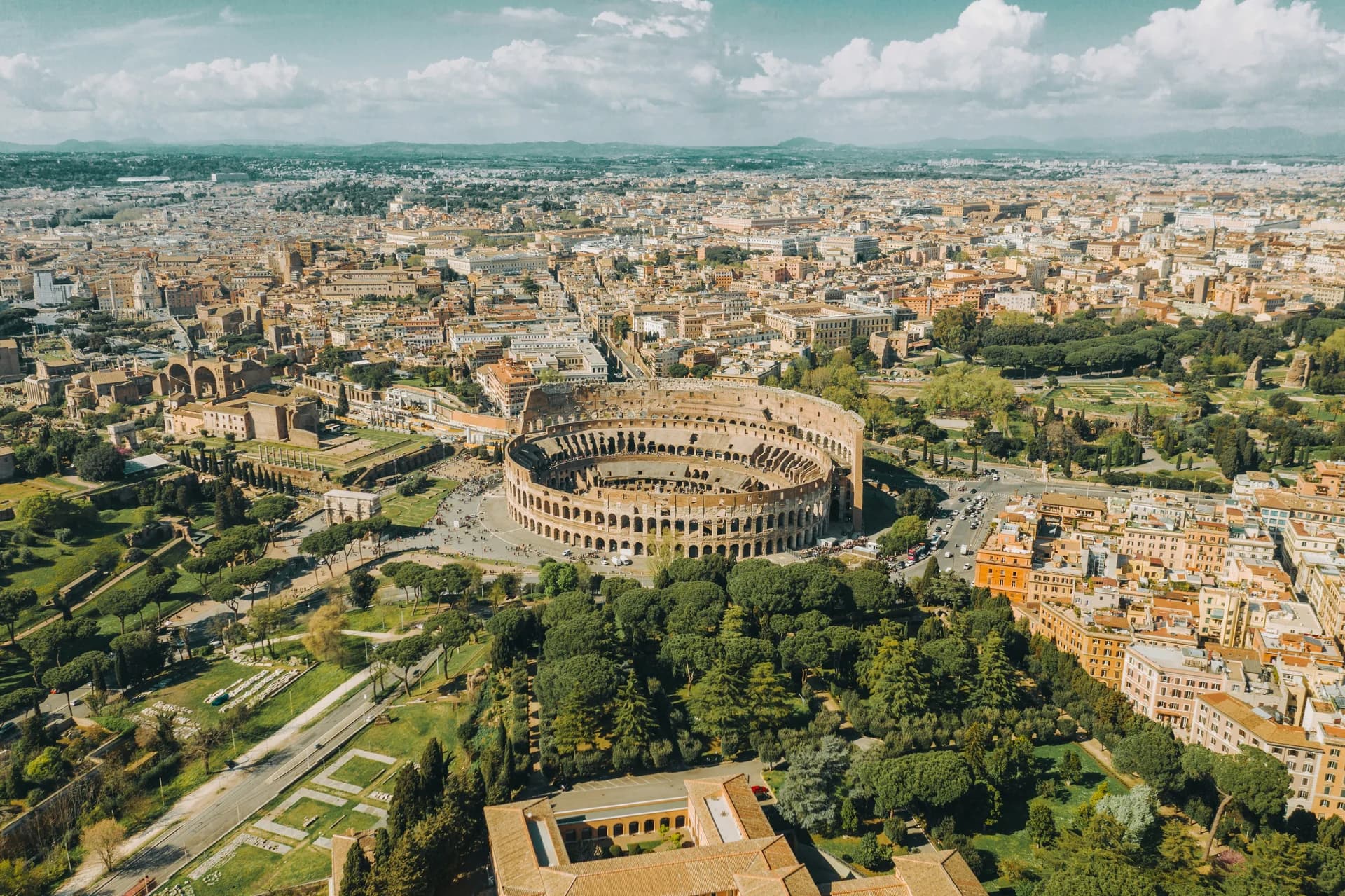 Aerial view of the Colosseum and central Rome