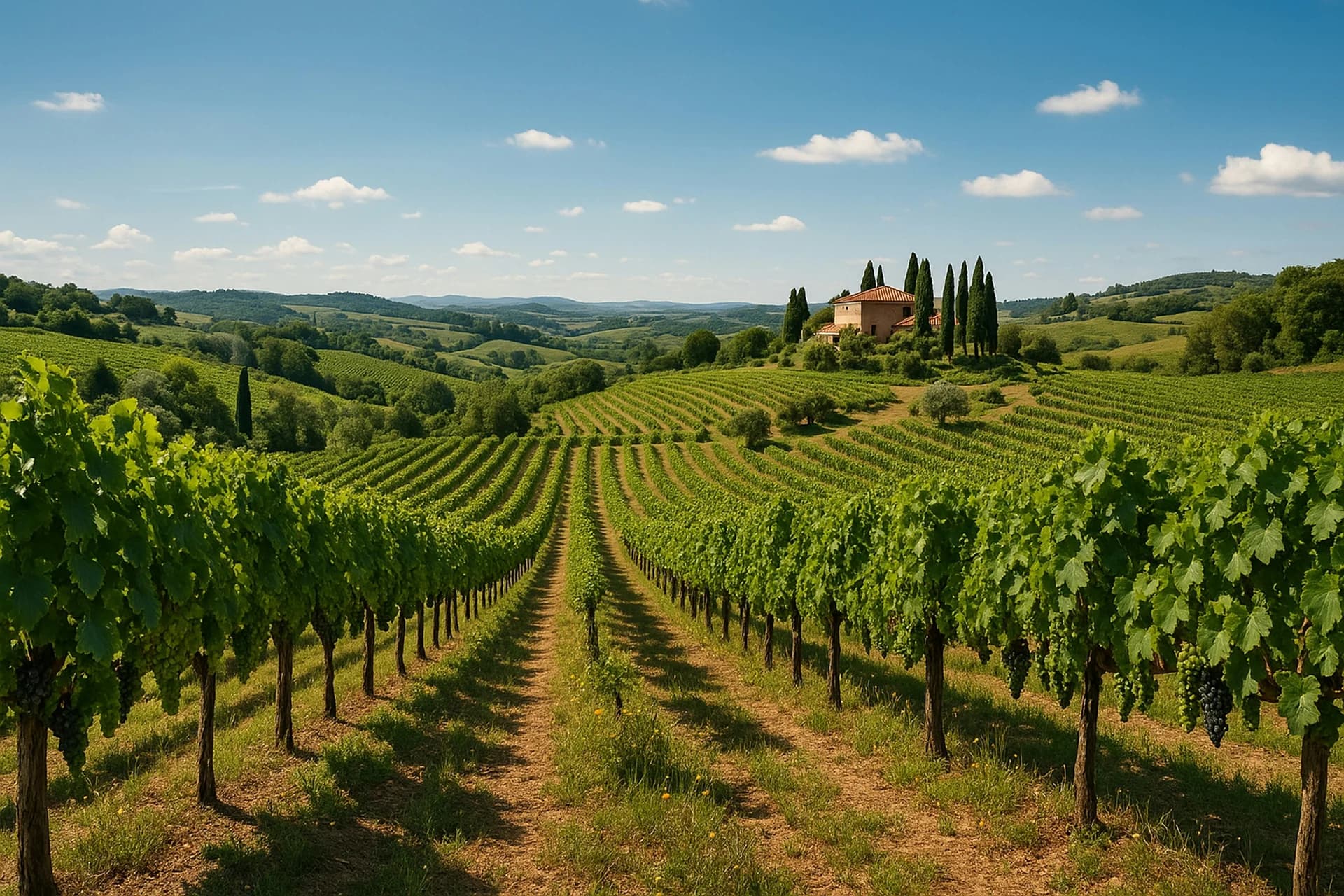 Vineyard rows surrounding a villa in the Tuscan countryside