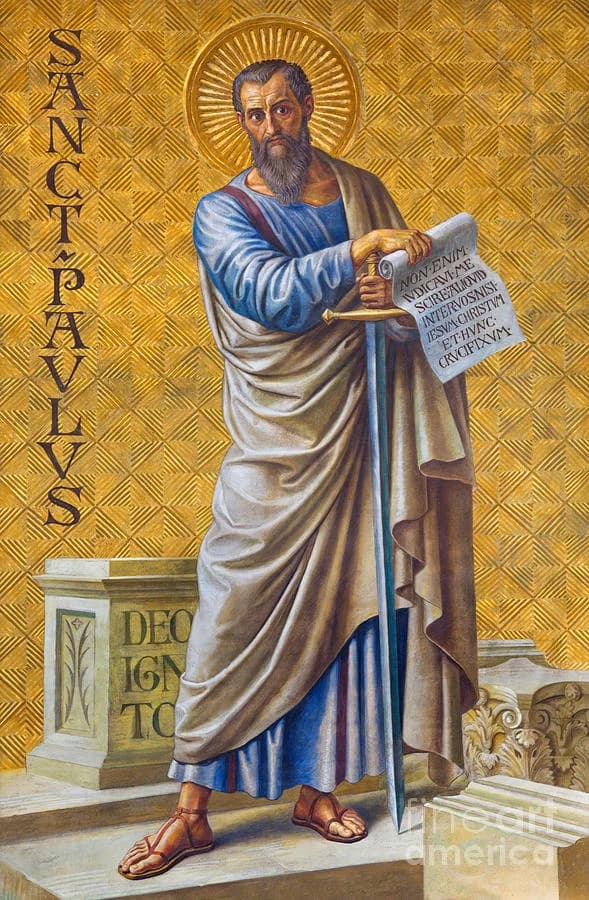 Mosaic-style depiction of Saint Paul holding a scroll and sword against a gold background