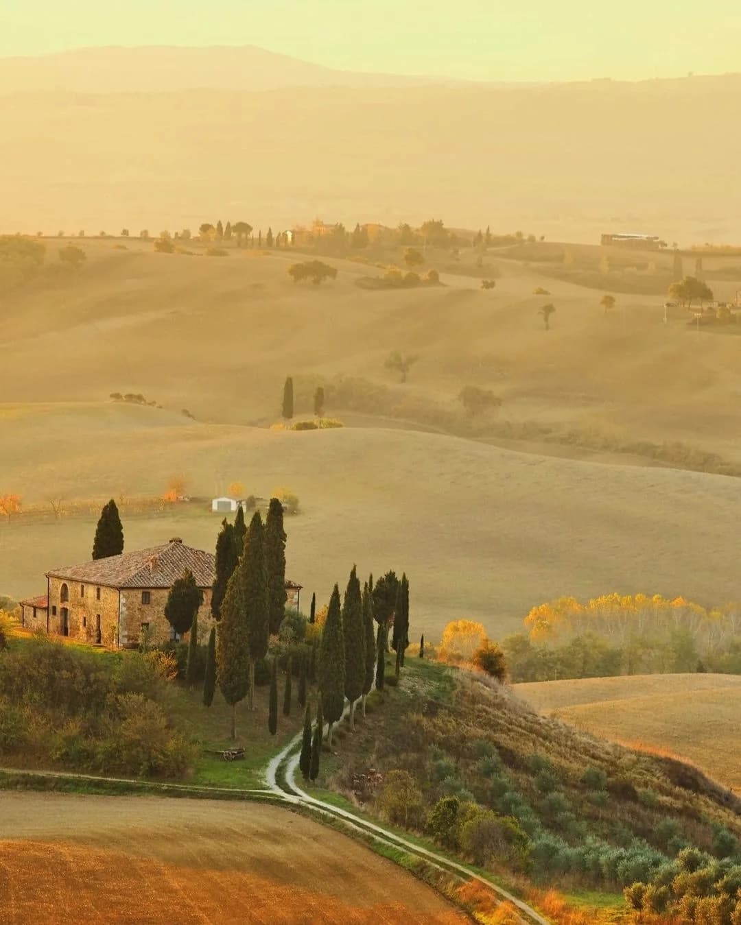 A Tuscan villa surrounded by cypress trees and rolling hills