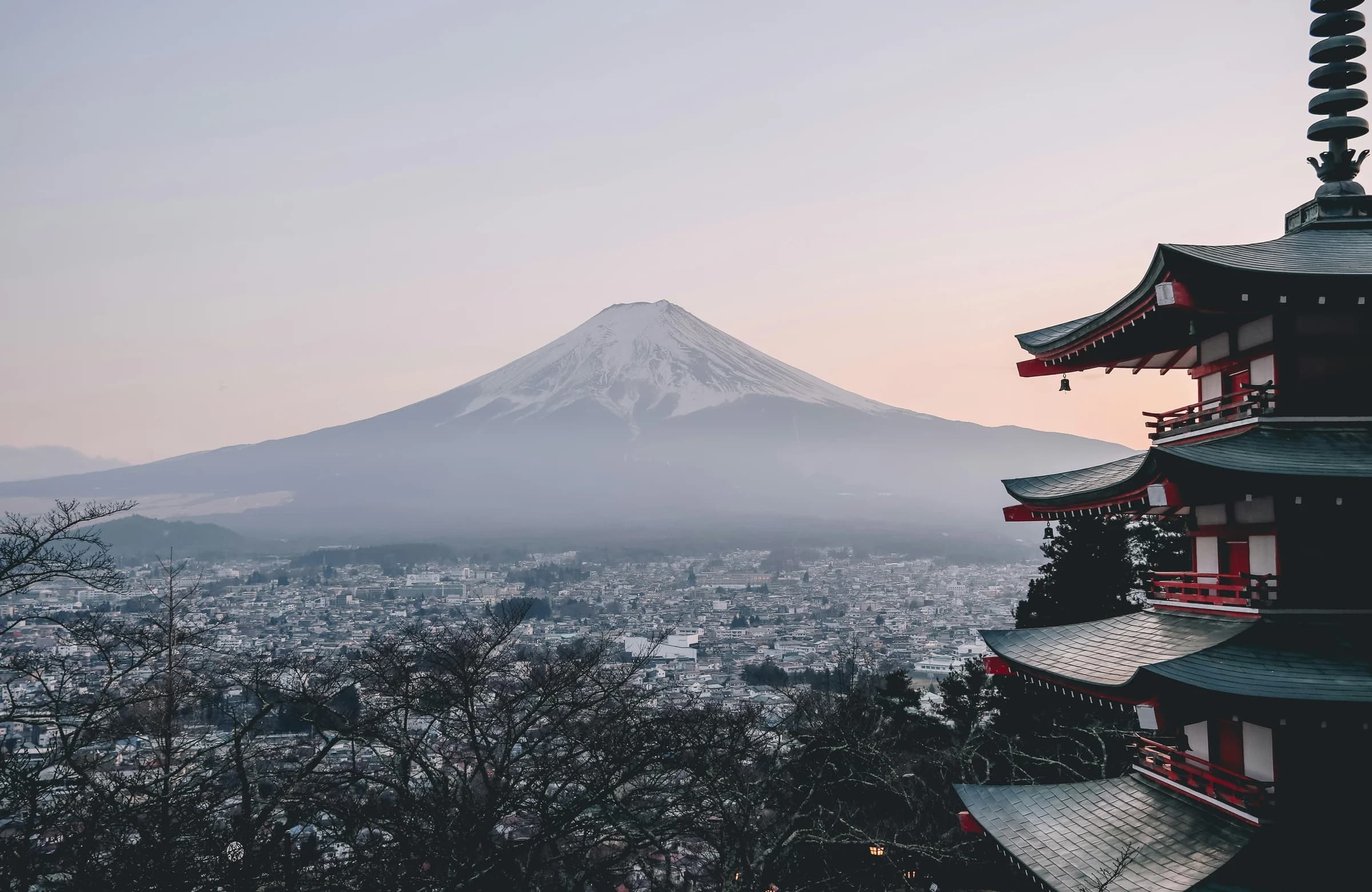 Mount Fuji framed by a traditional Japanese pagoda
