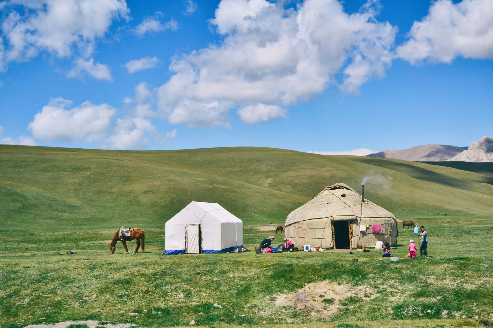 Traditional yurts and horses in the Kyrgyz countryside